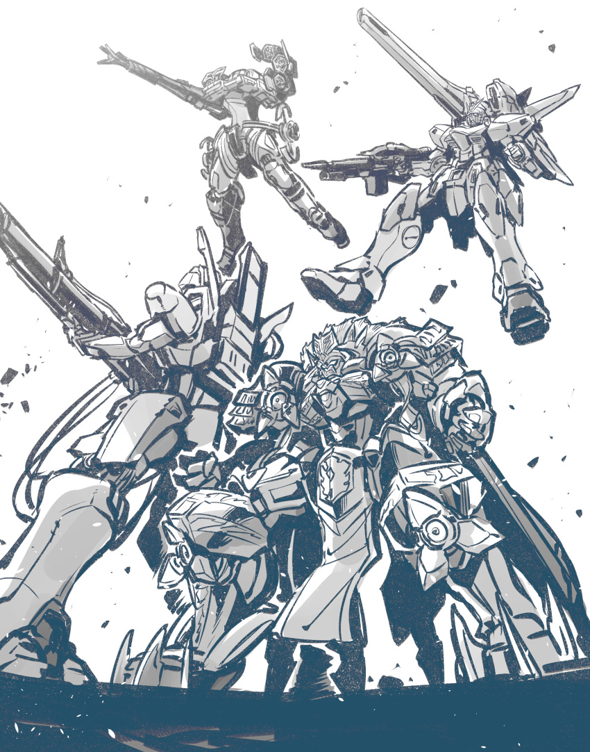absurdres arm_cannon clenched_hand crossover flying gordoleo greyscale gun gundam heavy_metal_l-gaim highres holding holding_gun holding_weapon ishiyumi knight's_&amp;_magic l-gaim looking_up majestic_prince mecha mobile_suit monochrome multiple_crossover no_humans open_hands science_fiction super_robot_wars super_robot_wars_30 v-fin v2_gundam victory_gundam visor weapon yellow_four