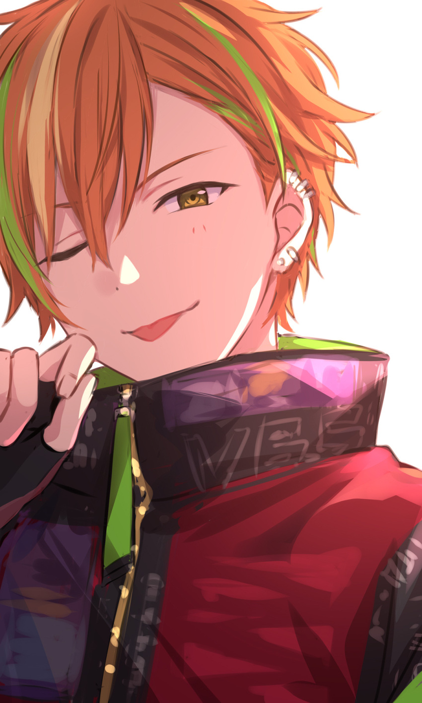 &gt;_o 1boy ;p bangs black_gloves ear_piercing earrings fingerless_gloves gloves green_eyes green_hair hand_up high_collar highres jacket jewelry looking_at_viewer male_focus multicolored_hair multiple_earrings one_eye_closed orange_hair piercing project_sekai sekina shinonome_akito short_hair solo tongue tongue_out two-tone_hair upper_body white_background