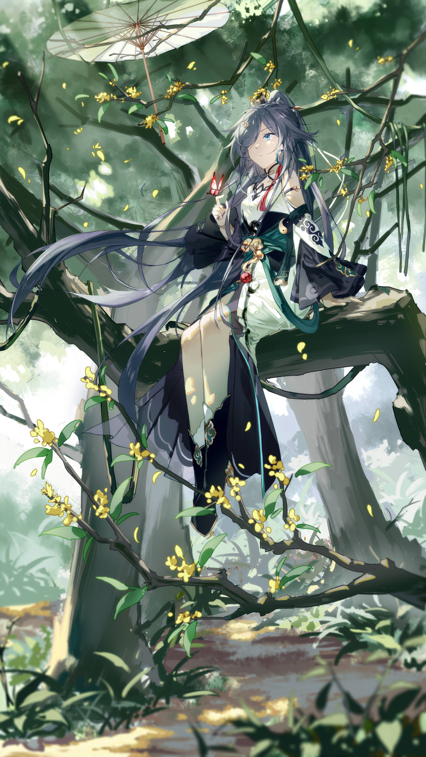 1girl absurdres bangs black_footwear black_hair blue_eyes boots branch bug butterfly chinese_clothes closed_mouth earrings fu_hua fu_hua_(azure_empyrea) full_body grass hair_ornament hair_over_one_eye highres honkai_(series) honkai_impact_3rd in_tree jewelry leaf long_hair long_sleeves oil-paper_umbrella outdoors ponytail qqqne red_butterfly sitting sitting_in_tree solo tree umbrella