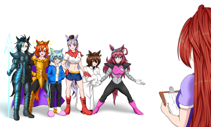 6+girls absurdres agnes_tachyon_(umamusume) ahoge air_shakur_(umamusume) alphys alphys_(cosplay) animal_ears annotated aqua_hair armor asgore_dreemurr asgore_dreemurr_(cosplay) blue_eyes blue_jacket blue_shorts boots brown_hair clipboard collarbone commentary cosplay crown daiwa_scarlet_(umamusume) ear_covers ear_piercing eyebrow_piercing eyebrows_visible_through_hair faulds fur_trim gauntlets gloves gold_ship_(umamusume) greaves headgear highres hood hooded_jacket horse_ears horse_girl horse_tail jacket knee_boots krakelak labcoat long_hair mettaton mettaton_(cosplay) mihono_bourbon_(umamusume) multiple_girls orange_hair papyrus_(undertale) papyrus_(undertale)_(cosplay) pauldrons piercing pillbox_hat pink_footwear plate_armor pose red_footwear red_gloves sans sans_(cosplay) school_uniform seiun_sky_(umamusume) shorts shoulder_armor silver_hair single_ear_cover sleeves_past_fingers sleeves_past_wrists slippers t.m._opera_o_(umamusume) tail tracen_school_uniform trait_connection umamusume undertale undyne undyne_(cosplay) violet_eyes yellow_eyes