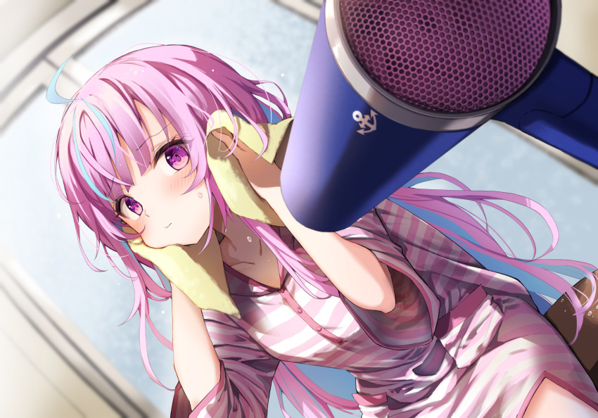 1girl ahoge bangs blue_hair blush closed_mouth colored_inner_hair commentary_request dress drying drying_hair dutch_angle eyebrows_visible_through_hair eyes_visible_through_hair hair_dryer highres holding holding_towel hololive indoors long_hair long_sleeves looking_at_viewer minato_aqua multicolored_hair purple_hair sitting solo striped striped_dress summer_tail720 towel twintails violet_eyes virtual_youtuber