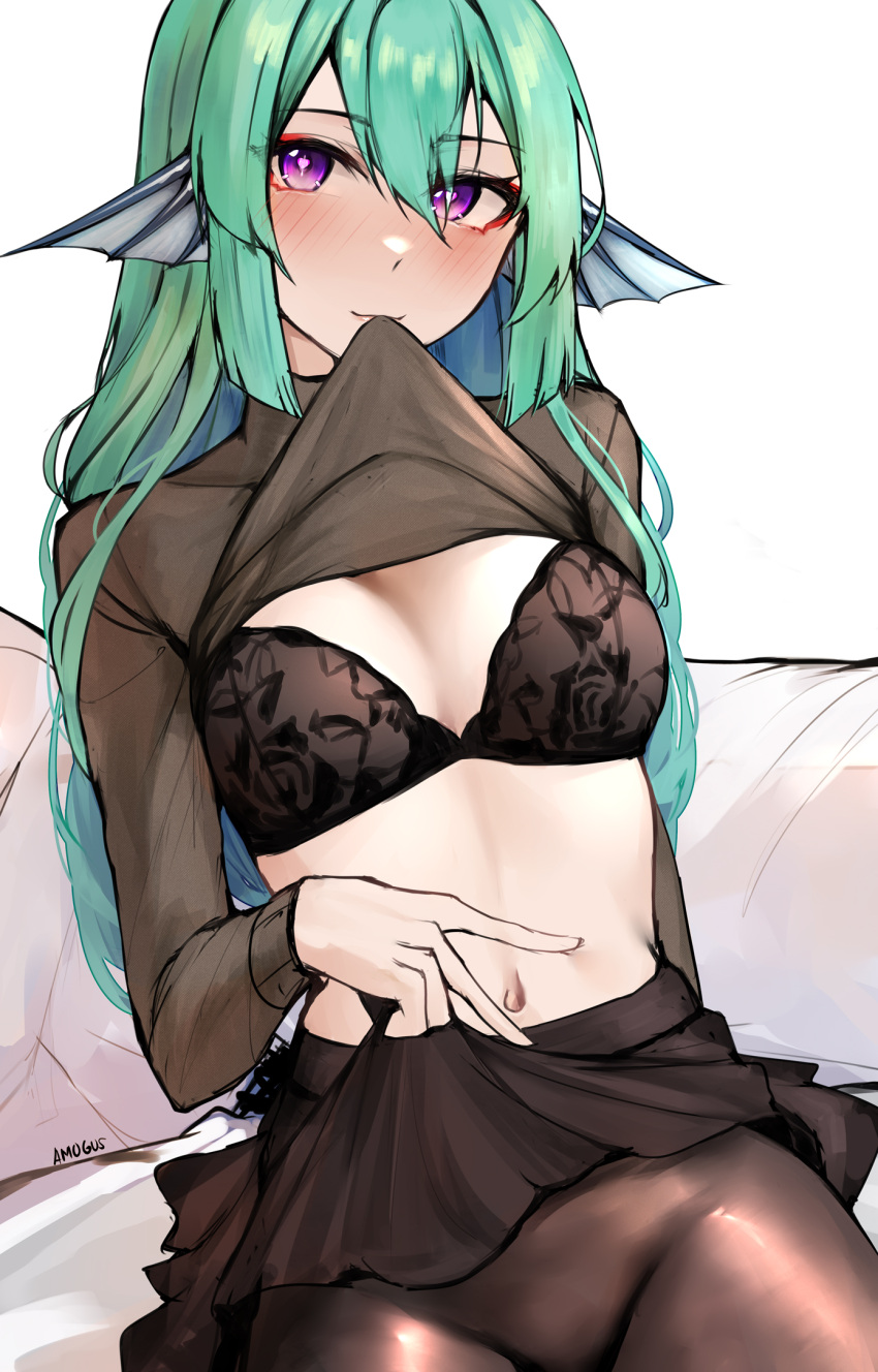 1girl black_bra black_legwear black_shirt black_skirt blush bra breasts clothes_lift come_hither finana_ryugu green_hair hair_between_eyes head_fins highres long_hair looking_at_viewer medium_breasts mouth_hold naokomama navel nijisanji nijisanji_en pantyhose shirt shirt_lift sitting skirt skirt_lift solo underwear violet_eyes virtual_youtuber