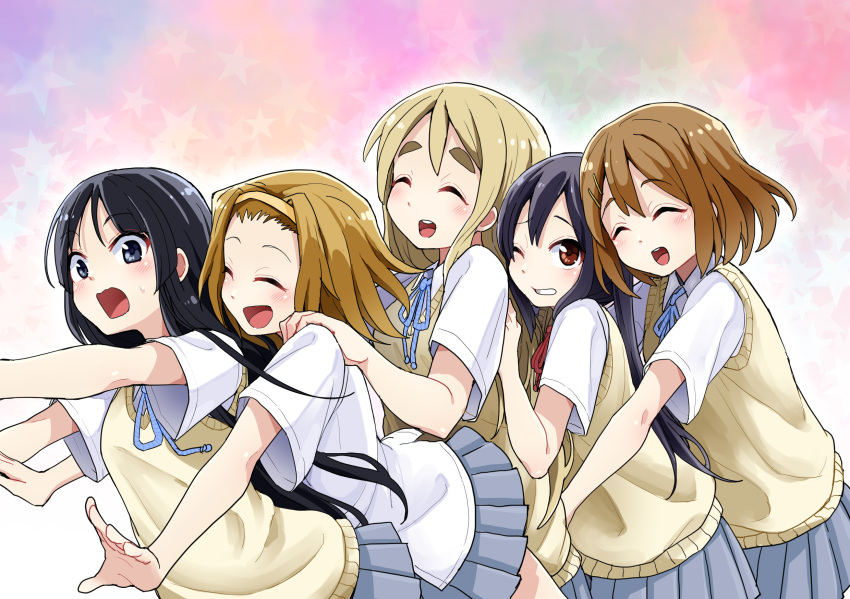 5girls ^_^ akiyama_mio black_hair blonde_hair blush brown_hair closed_eyes etokakaitari grey_eyes hairband hands_on_another's_shoulders happy highres hirasawa_yui k-on! kotobuki_tsumugi long_hair multiple_girls nakano_azusa one_eye_closed open_mouth red_eyes school_uniform short_sleeves smile surprised sweatdrop sweater_vest tainaka_ritsu thick_eyebrows twintails upper_body