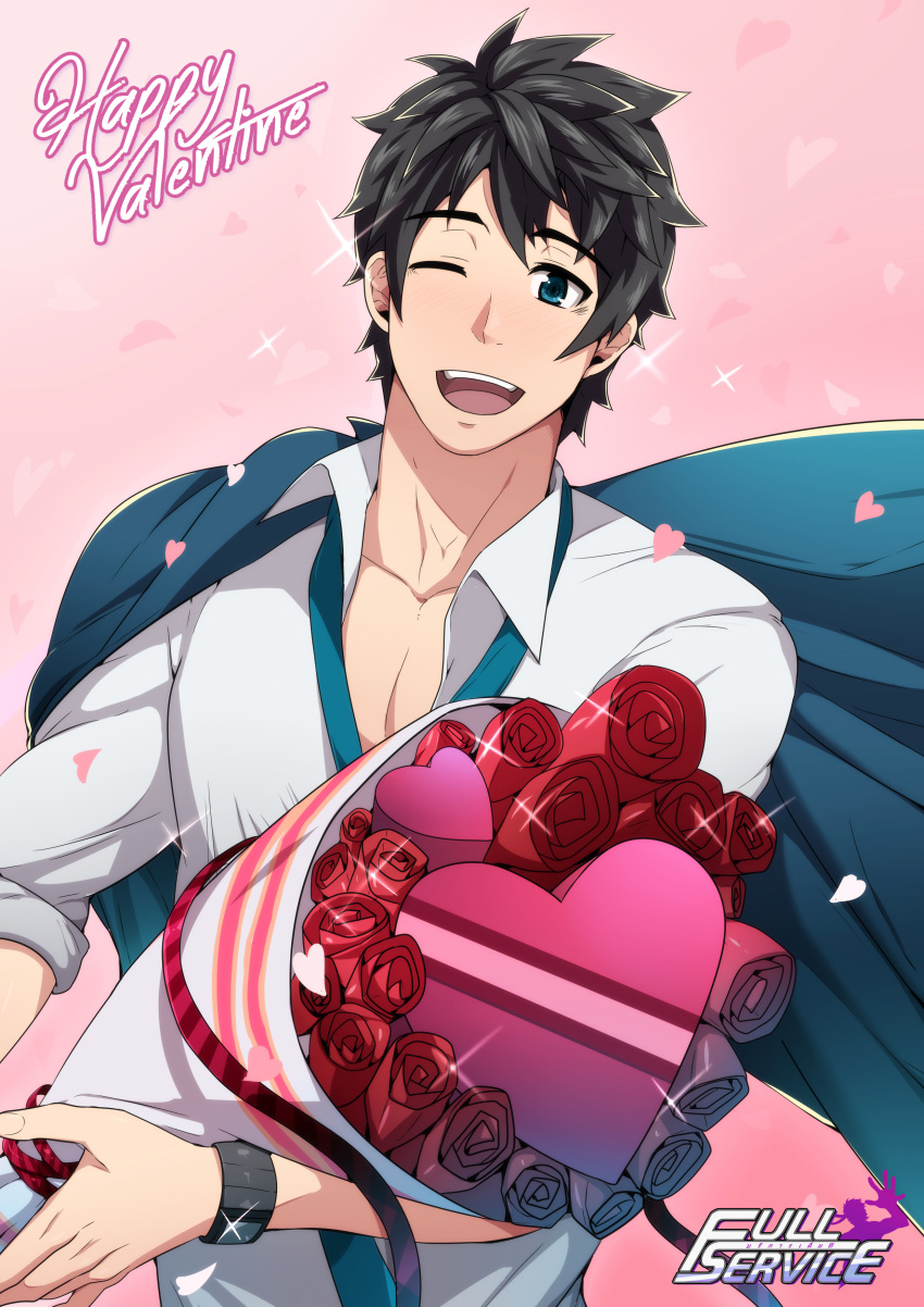 &gt;_o 1boy ;d absurdres black_hair blue_eyes blue_jacket blush bouquet box flower full_service_(mazjojo) gift gift_box happy_valentine heart heart-shaped_box highres holding holding_bouquet jacket jacket_over_shoulder male_focus mazjojo necktie official_art one_eye_closed open_mouth red_flower red_rose rose shirt short_hair smile solo tomoki_nakamoto upper_body valentine watch watch white_shirt