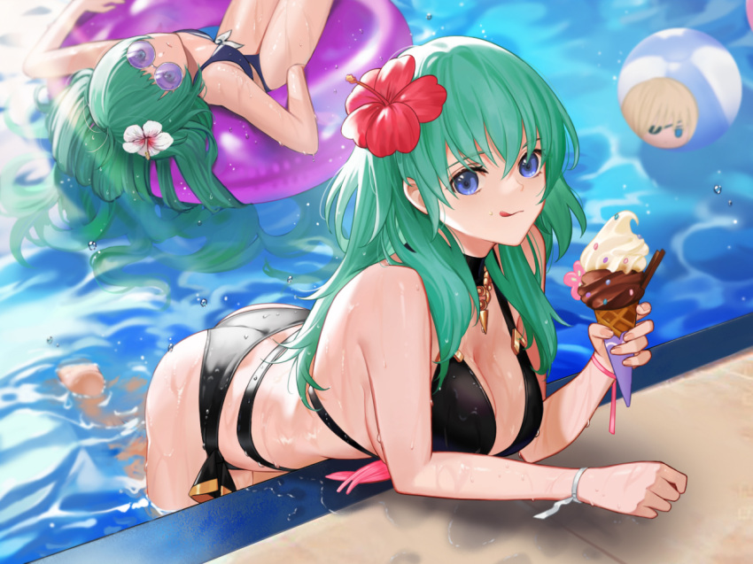 2girls alternate_costume ass ball bangs beachball bikini black_bikini black_swimsuit blue_bikini blue_eyes blue_swimsuit breasts byleth_(fire_emblem) byleth_eisner_(female) character_print chibi closed_mouth cute dimitri_alexandre_blaiddyd eating enlightened_byleth_(female) eyebrows_visible_through_hair fire_emblem fire_emblem:_three_houses fire_emblem_heroes flower food glasses goddess hair_between_eyes hair_flower hair_ornament hibiscus holding holding_food human ice_cream ice_cream_cone in_water innertube intelligent_systems large_breasts long_hair looking_at_viewer multiple_girls nintendo official_alternate_costume partially_submerged peach_luo pool red_flower small_breasts sothis_(fire_emblem) super_smash_bros. swimsuit timeskip tongue tongue_out water wet white_flower
