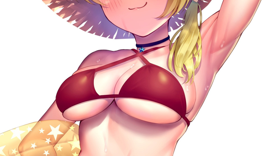 1girl arm_up armpits bare_shoulders bikini blonde_hair blush breasts def_lp hat head_out_of_frame highres innertube jewelry large_breasts necklace original out_of_frame red_bikini simple_background smile solo sweat swimsuit white_background