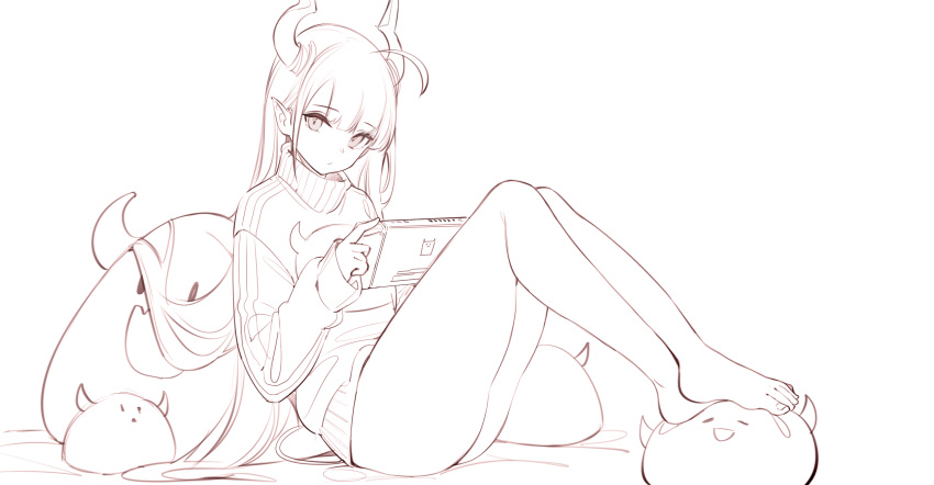 1girl ahoge bare_legs barefoot closed_mouth handheld_game_console highres holding horns long_hair long_sleeves looking_at_viewer nekojira original pillow pointy_ears simple_background sleeves_past_wrists solo sweater toes white_background