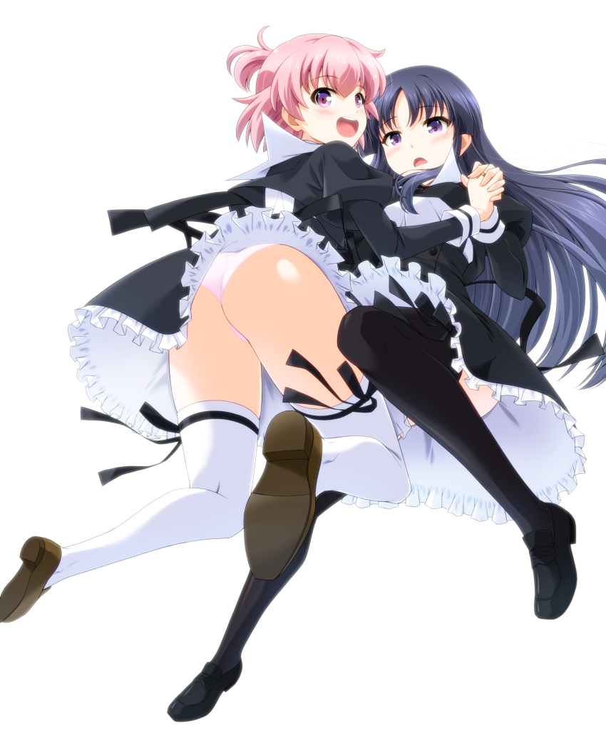 2girls :d ass assault_lily black_footwear black_hair black_legwear black_ribbon black_skirt blush brown_footwear clothes_lift commentary_request cropped_jacket eyebrows_visible_through_hair floating_hair frilled_skirt frills from_below hand_up high-waist_skirt highres hitotsuyanagi_riri holding_hands interlocked_fingers jewelry juliet_sleeves leg_ribbon leg_up legs_up loafers long_hair long_sleeves looking_at_another looking_at_viewer looking_back midair multiple_girls musashiya_chougenbou one_side_up open_mouth panties pink_eyes pink_hair pink_panties puffy_sleeves ribbon ring school_uniform shirai_yuyu shoe_soles shoes short_hair simple_background skirt skirt_lift smile thigh-highs underwear upper_teeth upskirt very_long_hair violet_eyes white_background white_legwear yuri yurigaoka_girls_academy_school_uniform