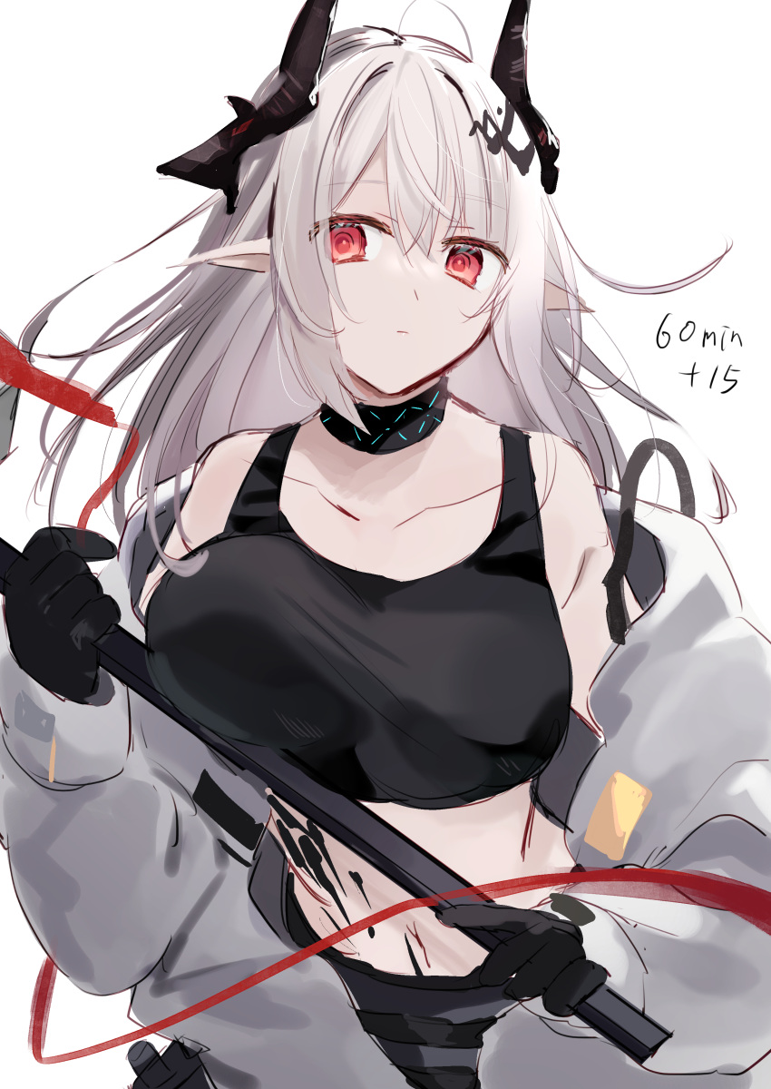 1girl absurdres arknights bangs bare_shoulders black_gloves closed_mouth crop_top demon_girl demon_horns elite_ii_(arknights) gloves highres holding holding_weapon horns infection_monitor_(arknights) long_hair matsuzaka_(matsuzakagyu_29) mudrock_(arknights) oripathy_lesion_(arknights) pointy_ears red_eyes silver_hair solo war_hammer weapon