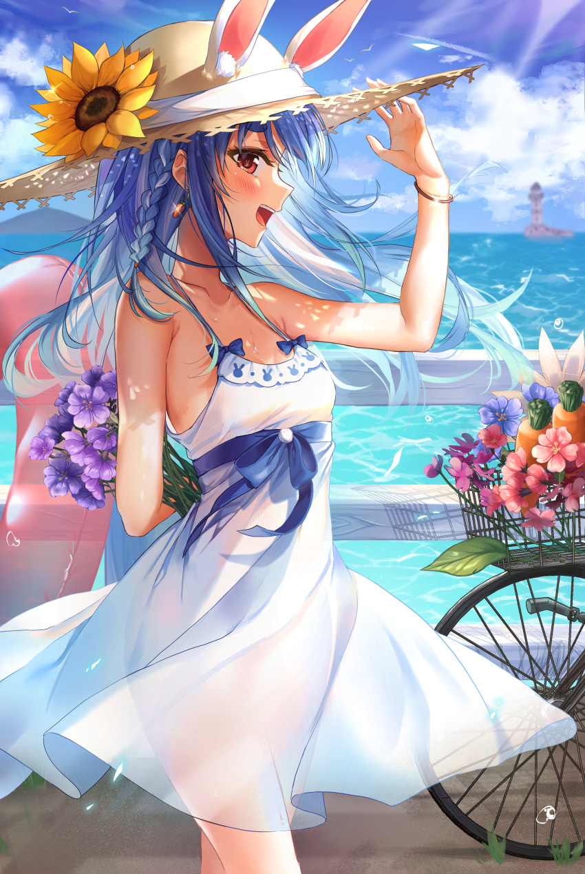 1girl :d absurdres alternate_costume animal_ear_fluff animal_ears arm_behind_back bicycle bird blue_hair blue_ribbon blue_sky blush bracelet braid breasts bunny-shaped_pupils carrot_earrings clouds cloudy_sky collarbone commentary cowboy_shot day dress earrings eyebrows_visible_through_hair eyelashes flower food-themed_earrings french_braid from_side ground_vehicle hat hat_flower highres holding holding_flower hololive huge_filesize innertube jewelry lighthouse long_hair looking_at_viewer multicolored_hair neru0509 ocean open_mouth outdoors pom_pom_(clothes) profile purple_flower rabbit_ears railing red_eyes ribbon see-through sky sleeveless sleeveless_dress small_breasts smile solo spaghetti_strap sparkle straw_hat streaked_hair sunflower sunlight sweat thick_eyebrows two-tone_hair usada_pekora virtual_youtuber water_drop white_dress white_hair wind
