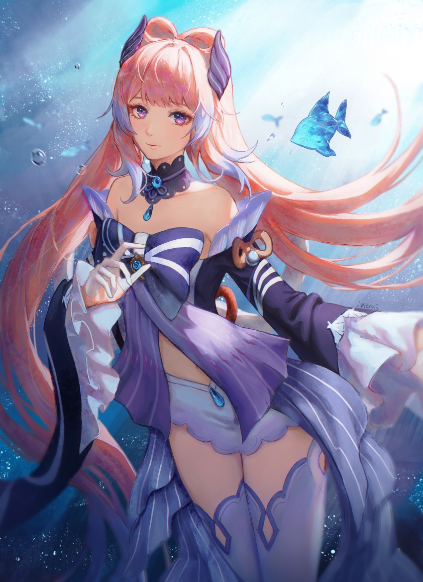 1girl bangs bare_shoulders blue_hair blunt_bangs bow bowtie fish frilled_sleeves frills genshin_impact hair_ornament highres long_hair long_sleeves looking_at_viewer midriff multicolored_hair navel sangonomiya_kokomi shorts smile thigh-highs two-tone_hair underwater very_long_hair violet_eyes vision_(genshin_impact) water_drop wide_sleeves zieru