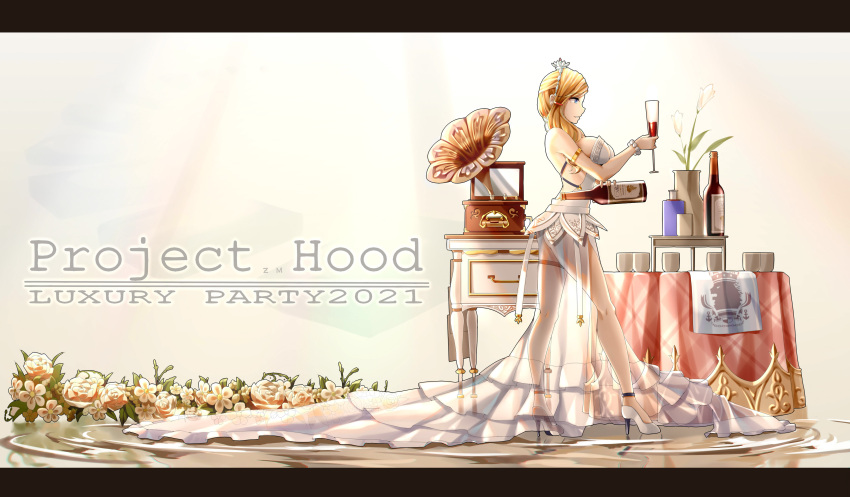 1girl absurdres azur_lane blonde_hair blue_eyes bottle breasts character_name cup dated dress drinking_glass flower from_side full_body high_heels highres hood_(azur_lane) jfzm001 legs letterboxed phonograph ripples royal_navy_(emblem) see-through_skirt skirt wine_bottle