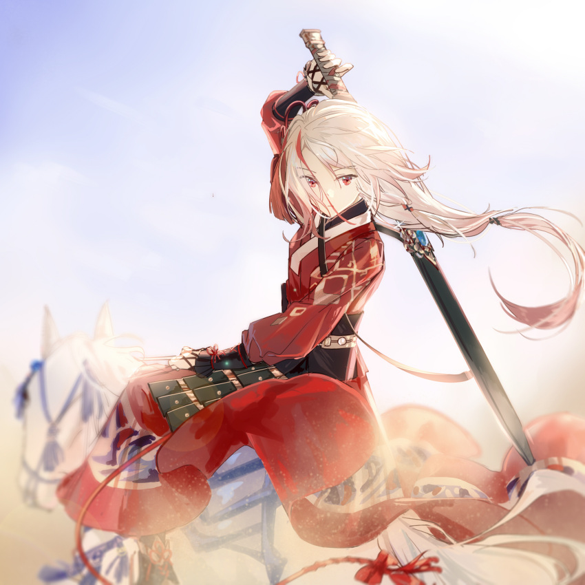 1girl armor bangs blue_sky chinese_armor chinese_clothes clouds cloudy_sky drawing_sword fu_hua fu_hua_(phoenix) hair_between_eyes highres holding holding_sword holding_weapon honkai_(series) honkai_impact_3rd horseback_riding long_hair long_sleeves looking_at_viewer multicolored_hair outdoors ponytail qqqne red_eyes riding sheath sky solo streaked_hair sword sword_behind_back unsheathing weapon white_hair white_horse