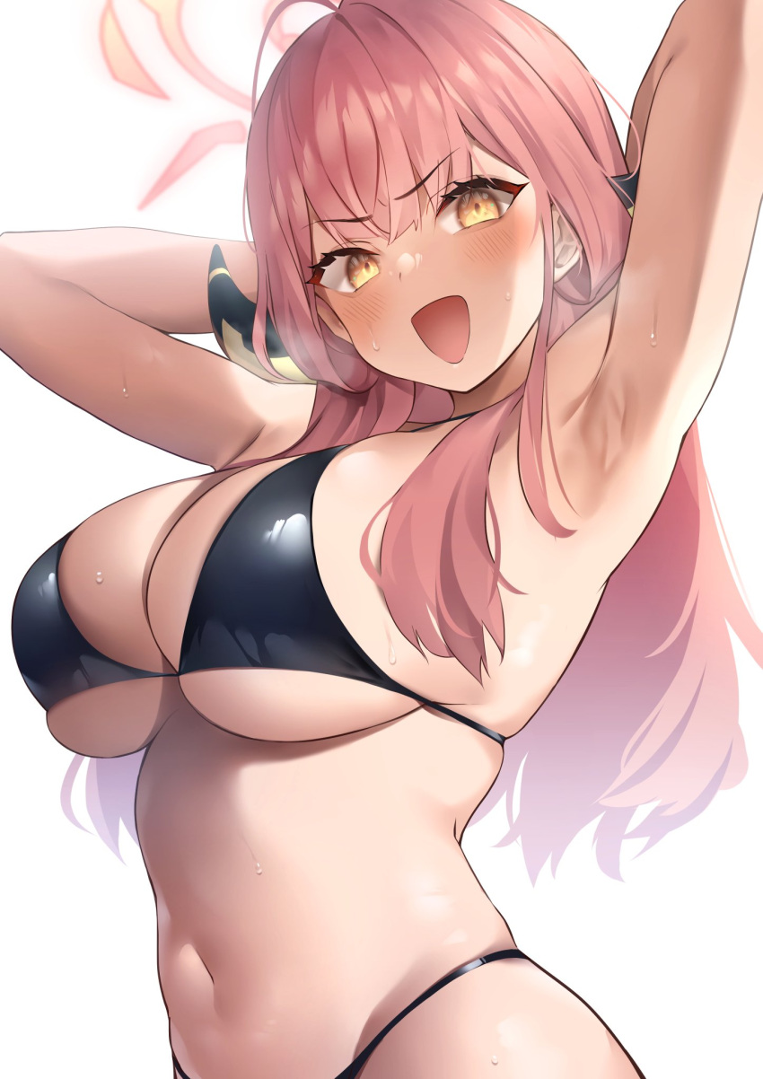 1girl ahoge armpits arms_up aru_(blue_archive) bangs bikini black_bikini blue_archive blush breasts eyebrows_visible_through_hair from_side halo highres horns large_breasts long_hair navel open_mouth pink_hair simple_background skindentation solo sweat swimsuit upper_body usa_b v-shaped_eyebrows white_background yellow_eyes