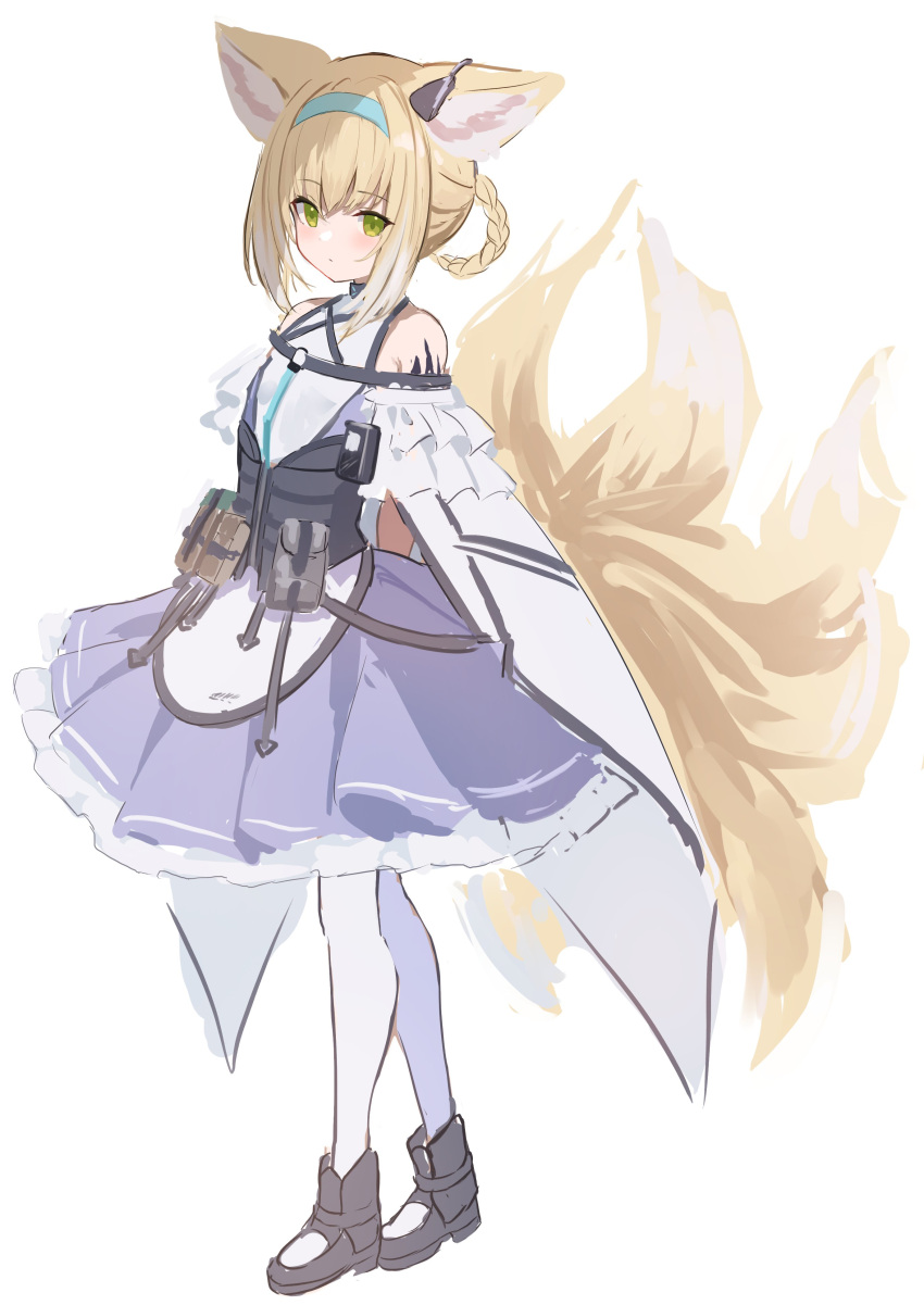 1girl absurdres animal_ear_fluff animal_ears arknights bangs bare_shoulders black_footwear blonde_hair blue_hairband boots braid closed_mouth commentary eyebrows_visible_through_hair fox_ears fox_girl fox_tail full_body green_eyes grey_hair hair_between_eyes hair_rings hairband highres kitsune looking_at_viewer multicolored_hair pantyhose pleated_skirt purple_skirt shirt shoa_tksm sidelocks simple_background skirt solo standing streaked_hair suzuran_(arknights) symbol-only_commentary tail white_background white_legwear white_shirt