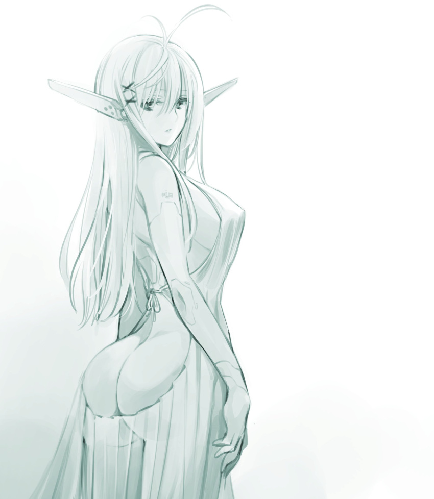 1girl ahoge android ass backless_dress backless_outfit bangs breasts butt_crack dress elven_founder_(ishiyumi) expressionless from_side greyscale hand_on_hip highres ishiyumi large_breasts long_hair looking_at_viewer looking_back monochrome original robot_ears sideboob solo
