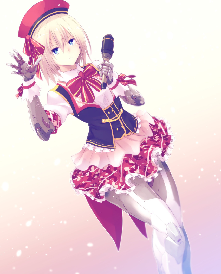 1girl absurdres alternate_costume android bangs blonde_hair blue_eyes bow collared_shirt hair_bow highres holding holding_microphone idol_clothes ishiyumi looking_at_viewer mechanical_arms mechanical_buddy_universe mechanical_legs microphone momdroid_(mechanical_buddy_universe) open_hand red_bow red_skirt shirt short_hair skirt solo white_shirt