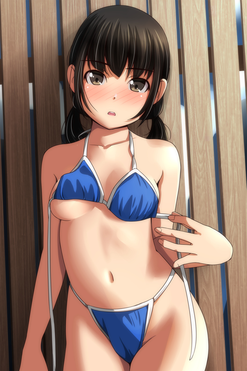 1girl absurdres arm_at_side bangs bare_shoulders bikini black_hair blue_bikini blush breasts brown_eyes collarbone cowboy_shot highres long_hair looking_at_viewer low_twintails matsunaga_kouyou navel open_mouth original small_breasts solo standing swimsuit twintails untied untied_bikini upper_teeth wooden_wall