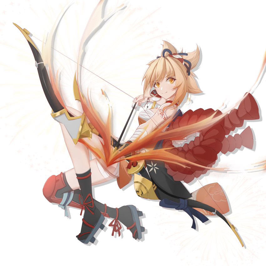 1girl absurdres arrow_(projectile) asymmetrical_legwear bangs black_legwear bow_(weapon) brown_eyes brown_hair closed_mouth flaming_arrow full_body genshin_impact hair_between_eyes hair_ornament highres holding holding_arrow holding_bow_(weapon) holding_weapon japanese_clothes l1an9_(user_xdpk2425) looking_at_viewer sarashi simple_background smile solo uneven_legwear v-shaped_eyebrows weapon white_background yoimiya_(genshin_impact)