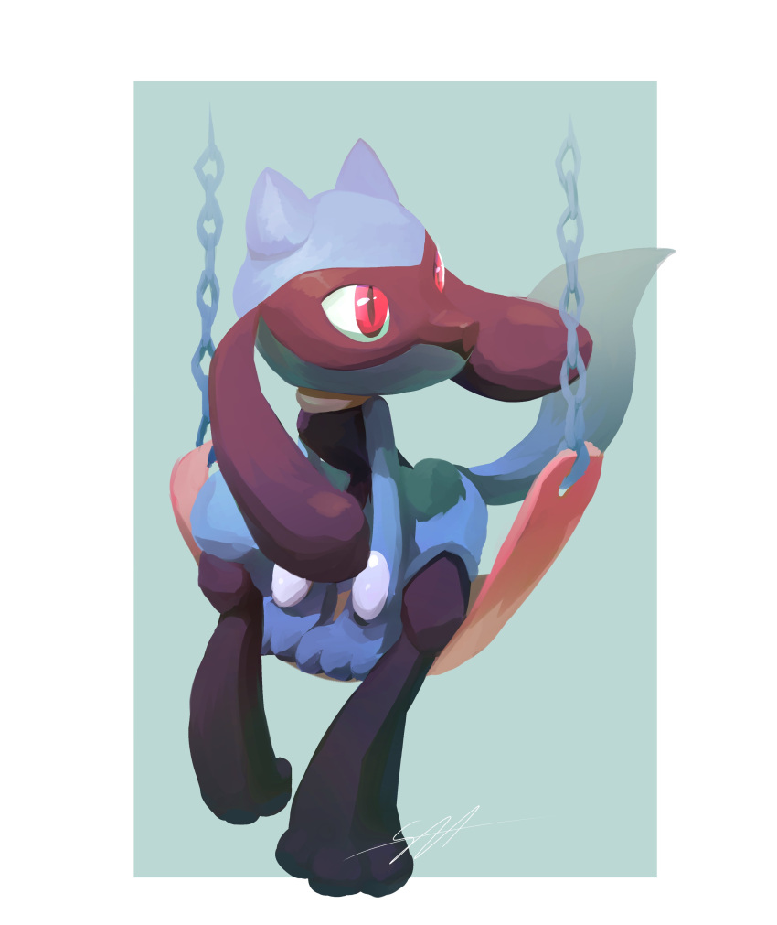 absurdres arm_support commentary_request highres leaning_forward likey looking_to_the_side no_humans pokemon pokemon_(creature) red_eyes riolu signature sitting solo swing toes