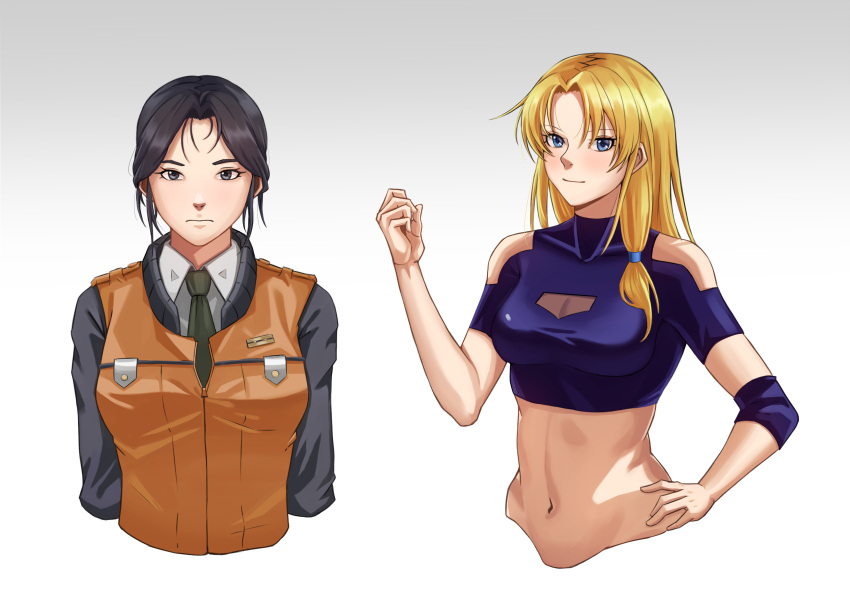 2girls absurdres black_hair blonde_hair blue_eyes breasts brown_eyes character_request cleavage_cutout closed_mouth clothing_cutout collared_shirt crop_top cropped_torso crossover densetsu_no_yuusha_no_densetsu fax61209 ferris_eris gradient gradient_background green_neckwear grey_background hair_intakes hand_on_hip highres kidou_keisatsu_patlabor long_hair looking_at_viewer medium_breasts midriff multiple_girls navel necktie shiny shiny_hair shirt short_hair smile stomach white_background white_shirt wing_collar