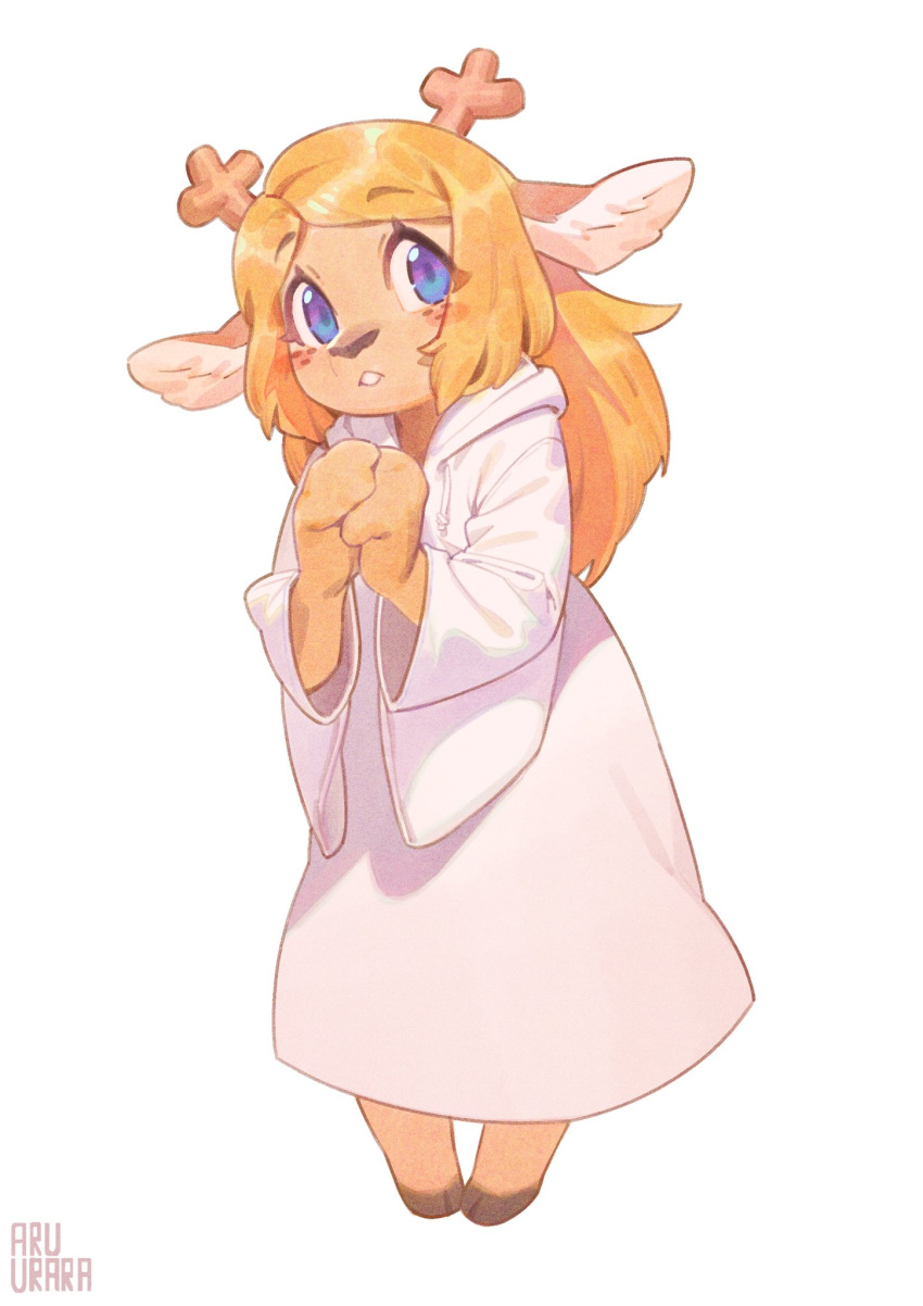 1girl animal_ears antlers blonde_hair blue_eyes deer_antlers deer_ears deer_girl deltarune dress full_body furry furry_female hands_together highres hooded_dress hooves inuki_(aruurara) long_hair looking_to_the_side noelle_holiday signature simple_background solo standing white_background white_dress wide_sleeves