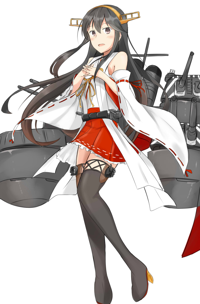 1girl :d bare_shoulders black_footwear black_hair boots brown_eyes camouflage dazzle_paint detached_sleeves eyebrows_visible_through_hair full_body hair_between_eyes hair_ornament hairclip hands_on_own_chest haruna_(kancolle) headgear highres kantai_collection long_hair looking_at_viewer machinery nontraditional_miko open_mouth red_skirt remodel_(kantai_collection) simple_background skirt smile smokestack solo subaru_izumi thigh-highs thigh_boots turret white_background