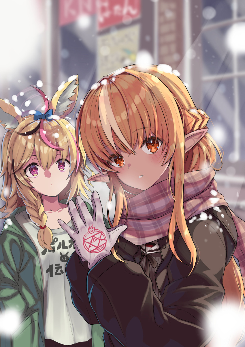 2girls absurdres ahoge animal_ear_fluff animal_ears bangs blonde_hair blue_bow blush bow braid brown_jacket clothes_writing commentary_request dark-skinned_female dark_skin eyebrows_visible_through_hair fox_ears gloves green_jacket green_shirt hair_between_eyes hair_bow highres hololive jacket looking_at_viewer multicolored_hair multiple_girls omaru_polka open_clothes open_jacket outdoors own_hands_together parted_lips pink_eyes pink_hair pink_scarf plaid plaid_scarf pointy_ears ralf red_eyes scarf shiranui_flare shirt snowing streaked_hair upper_body virtual_youtuber white_gloves white_hair