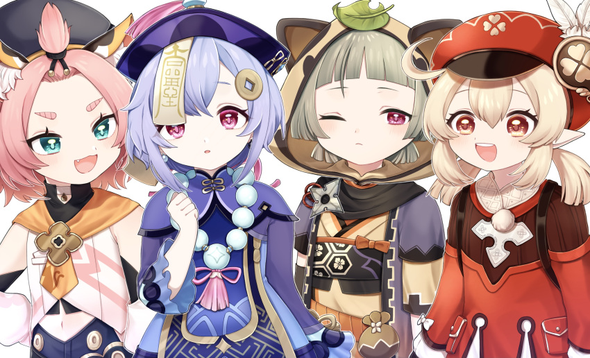 4girls :3 :d ahoge animal_ears animal_hood backpack bag bangs bangs_pinned_back bead_necklace beads black_scarf black_shorts blunt_bangs brown_scarf cabbie_hat cat_ears chinese_clothes choker clover_print coat coin_hair_ornament commentary_request detached_sleeves diona_(genshin_impact) eyebrows_visible_through_hair fake_animal_ears fang forehead genshin_impact green_eyes hair_between_eyes hands_on_hips hat hat_feather hat_ornament highres hood japanese_clothes jewelry jiangshi klee_(genshin_impact) leaf leaf_on_head light_brown_hair long_hair long_sleeves low_twintails multiple_girls navel necklace ninja obi ofuda open_mouth orange_eyes parted_lips paw_print pink_hair pocket pointy_ears puffy_detached_sleeves puffy_shorts puffy_sleeves purple_hair qing_guanmao qiqi_(genshin_impact) raccoon_ears red_coat red_headwear sash sayu_(genshin_impact) scarf shishamo_(syamo_shi) short_hair short_sleeves shorts shuriken sidelocks silver_hair simple_background smile thick_eyebrows twintails violet_eyes vision_(genshin_impact) weapon white_background