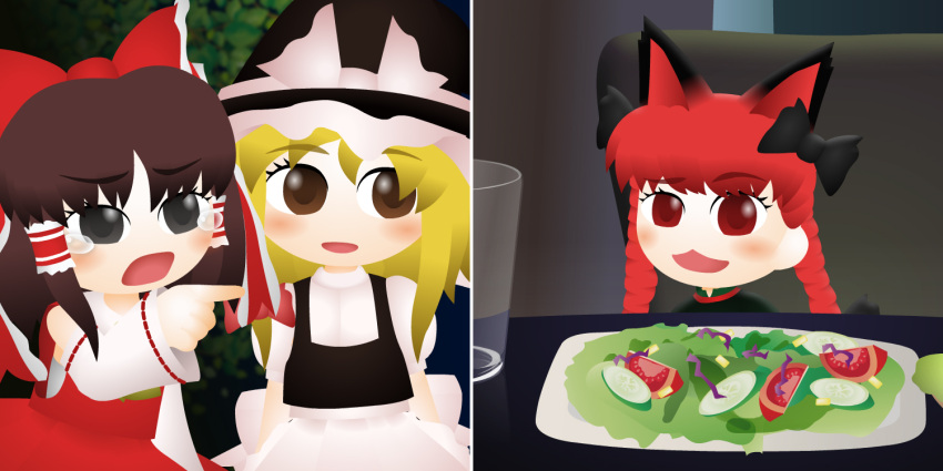 3girls animal_ears black_eyes blonde_hair blush bow brown_hair cat_ears detached_sleeves english_commentary eyebrows_visible_through_hair glass hair_between_eyes hair_bow hair_tubes hakurei_reimu hat kaenbyou_rin kirisame_marisa kouki_(nowlearning) long_hair long_sleeves meme multiple_girls parody pointy_ears puffy_short_sleeves puffy_sleeves red_bow red_eyes redhead ribbon-trimmed_sleeves ribbon_trim salad short_sleeves table tearing_up tears touhou two_side_up white_sleeves wide_sleeves witch_hat woman_yelling_at_cat