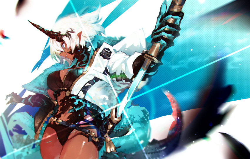 1girl absurdres belt blue_eyes breasts foreshortening gloves highres huge_filesize jacket katana large_breasts navel original outstretched_arm pointy_ears profile sheath shiba_(s_hi_ba_) short_hair solo sword tail unsheathing weapon white_hair