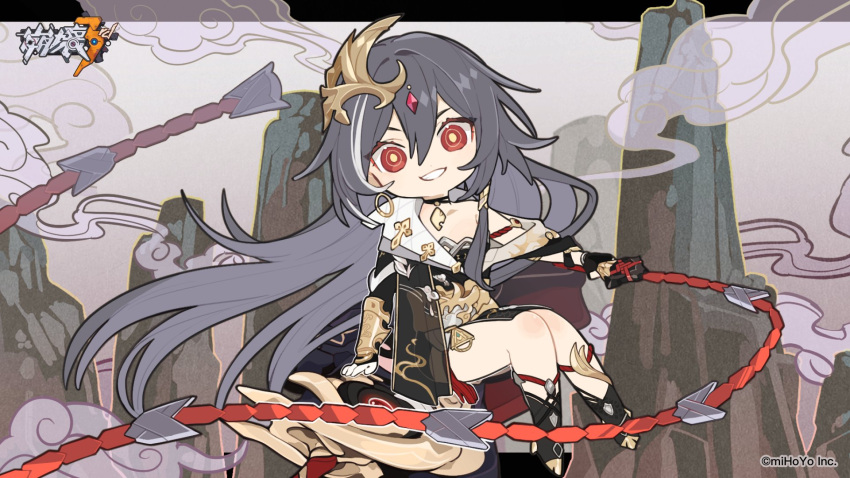 1girl bangs black_hair chinese_clothes floating floating_object floating_sword floating_weapon fu_hua fu_hua_(herrscher_of_sentience) grin hair_between_eyes hair_ornament highres holding holding_whip honkai_(series) honkai_impact_3rd long_hair looking_at_viewer mogomaco mountain official_art open_mouth outdoors red_eyes sitting smile solo sword teeth v-shaped_eyebrows weapon