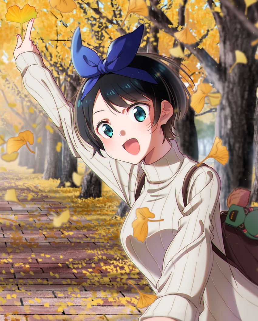 1girl autumn autumn_leaves backpack bag black_hair blue_eyes bow cover hair_bow highres kanojo_okarishimasu leaf looking_at_viewer official_art open_mouth outdoors outstretched_arm pov sarashina_ruka short_hair smile solo sweater tree upper_body