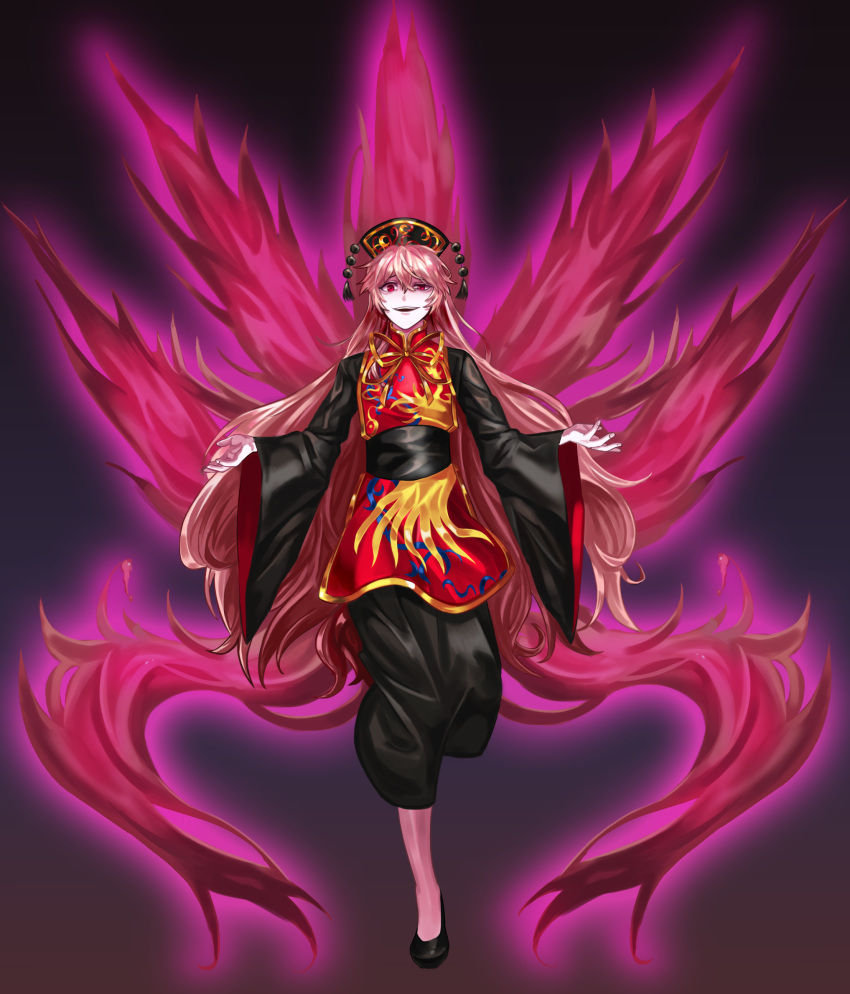 1girl absurdres aura bangs black_background black_sash blonde_hair chinese_clothes energy eyebrows_visible_through_hair fox_tail full_body hair_between_eyes highres junko_(touhou) long_hair long_sleeves looking_at_viewer multiple_tails open_mouth outstretched_arms phoenix_crown red_eyes reki_(user_rcrd4534) ribbon sash simple_background solo tabard tail touhou uneven_eyes upper_teeth wide_sleeves yellow_neckwear yellow_ribbon