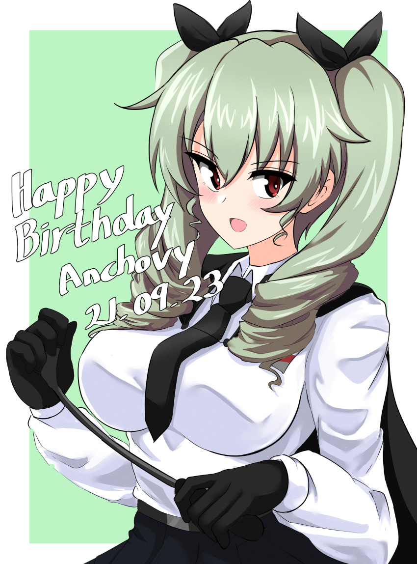 1girl absurdres aikir_(jml5160) anchovy_(girls_und_panzer) anzio_school_uniform bangs belt black_belt black_gloves black_neckwear black_skirt breasts dress_shirt drill_hair girls_und_panzer gloves green_hair highres long_hair long_sleeves medium_breasts necktie pleated_skirt red_eyes riding_crop school_uniform shirt skirt solo twin_drills twintails upper_body white_shirt