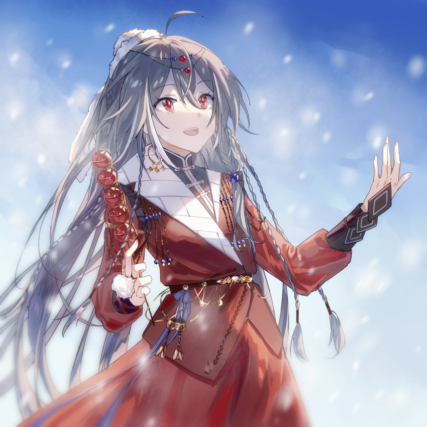 1girl :d absurdres antenna_hair bangs blue_sky coat dango food fu_hua fu_hua_(herrscher_of_sentience) grey_hair hair_between_eyes hair_ornament highres holding holding_food honkai_(series) honkai_impact_3rd long_hair long_sleeves looking_up open_mouth outdoors qqqne red_coat red_eyes sky smile snowing solo wagashi