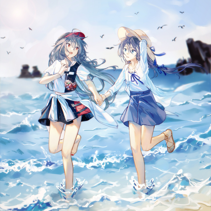 2girls :d absurdres beach bird black_skirt blue_eyes blue_skirt blue_sky clothes_around_waist clouds cloudy_sky fu_hua fu_hua_(herrscher_of_sentience) fu_hua_(phoenix) full_body grey_hair hat highres holding_headpiece honkai_(series) honkai_impact_3rd jacket jacket_around_waist long_hair long_sleeves looking_at_another multiple_girls ocean open_mouth outdoors qqqne red_eyes red_nails running sand sandals shirt skirt sky smile straw_hat summer summer_uniform toes waves white_jacket white_shirt