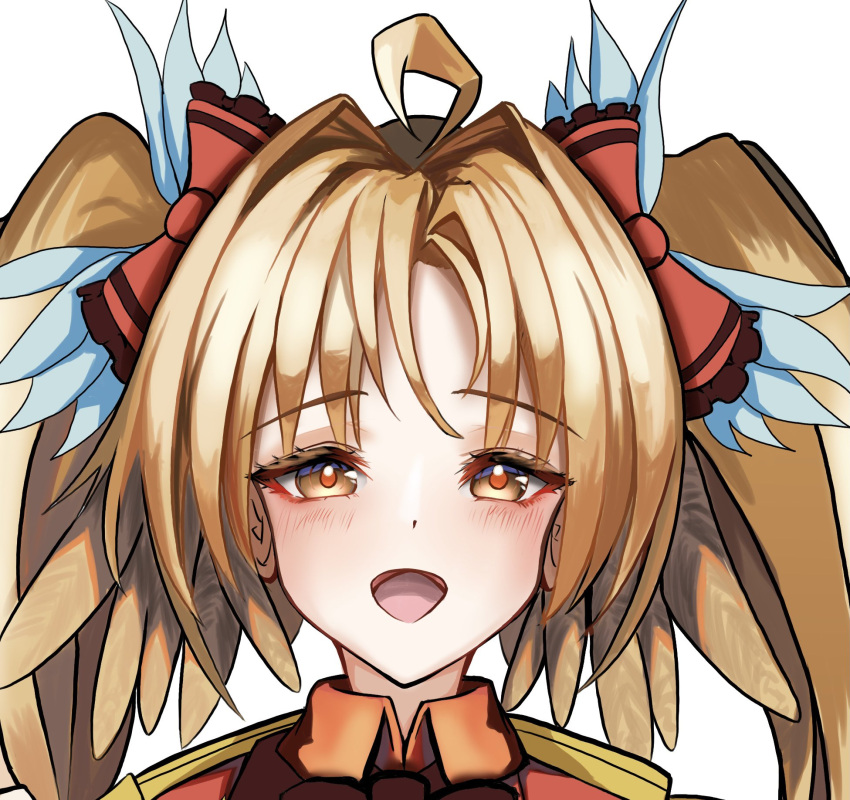 1girl ahoge alternate_hairstyle arknights bangs blonde_hair blush eyebrows_visible_through_hair feather_hair hair_ribbon highres idol kurosabi_neko official_alternate_costume open_mouth pinecone_(arknights) pinecone_(sing_a_song)_(arknights) portrait ribbon solo twintails yellow_eyes