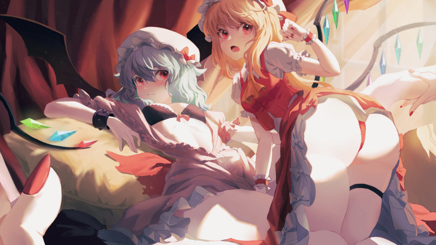 4317_(ac4882) 4girls ascot ass bangs bat_wings blonde_hair blue_hair breasts commentary_request crystal curtains eyebrows_behind_hair feet_out_of_frame flandre_scarlet frills hair_between_eyes hand_up hat highres indoors light light_particles lying medium_hair mob_cap multiple_girls nail_polish on_back on_bed one_side_up open_clothes open_shirt panties pillow puffy_short_sleeves puffy_sleeves red_eyes red_nails red_panties red_skirt red_vest remilia_scarlet short_sleeves siblings sisters skirt small_breasts thigh_strap touhou underwear upskirt vest white_headwear wings wrist_cuffs yellow_neckwear