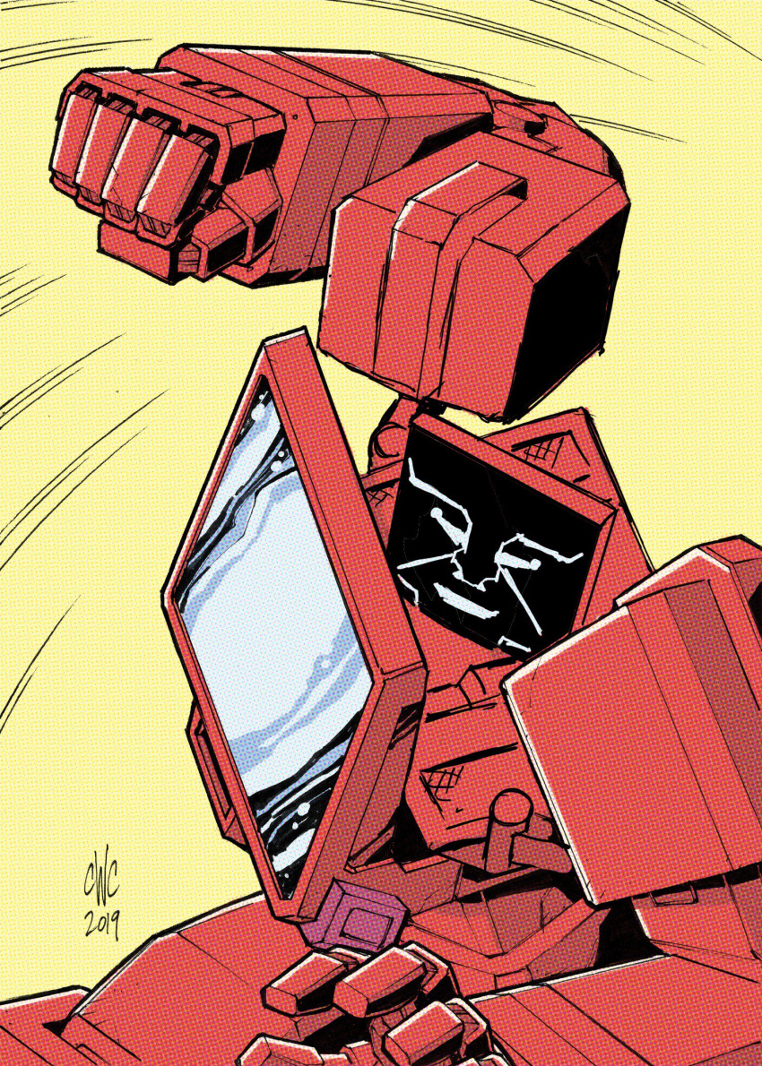 1980s_(style) 1boy autobot casey_w._coller clenched_hand english_commentary highres ironhide mecha no_humans open_hand parody punching retro_artstyle science_fiction signature solo transformers yellow_background