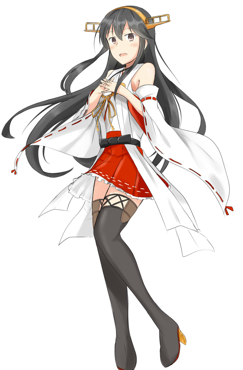 1girl :d bare_shoulders black_footwear black_hair boots brown_eyes detached_sleeves eyebrows_visible_through_hair full_body hair_between_eyes hair_ornament hairclip hands_on_own_chest haruna_(kancolle) headgear highres kantai_collection long_hair looking_at_viewer nontraditional_miko open_mouth red_skirt remodel_(kantai_collection) simple_background skirt smile solo subaru_izumi thigh-highs thigh_boots white_background