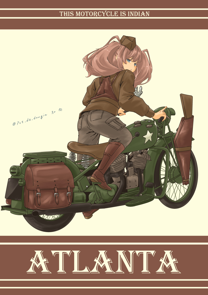 1girl absurdres alternate_costume anchor_hair_ornament artist_name atlanta_(kancolle) boots brown_footwear brown_hair brown_headwear brown_jacket character_name english_text from_behind full_body garrison_cap grey_eyes grey_pants ground_vehicle hair_ornament hat highres indian_(motorcycle) jacket kantai_collection long_hair looking_at_viewer motor_vehicle motorcycle pants pot-de solo twitter_username two_side_up vehicle_name