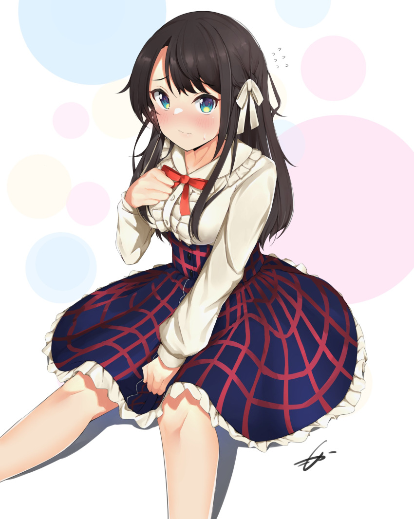 1girl absurdres bangs black_hair blue_eyes blue_skirt blush bow breasts center_frills commentary_request eyebrows_visible_through_hair feet_out_of_frame flying_sweatdrops frilled_shirt_collar frilled_skirt frills hand_on_own_chest hand_up high-waist_skirt highres hololive long_hair long_sleeves looking_at_viewer medium_breasts mocacoco339 oozora_subaru plaid plaid_skirt puffy_long_sleeves puffy_sleeves red_bow shirt signature simple_background sitting skirt solo sweatdrop virtual_youtuber white_shirt