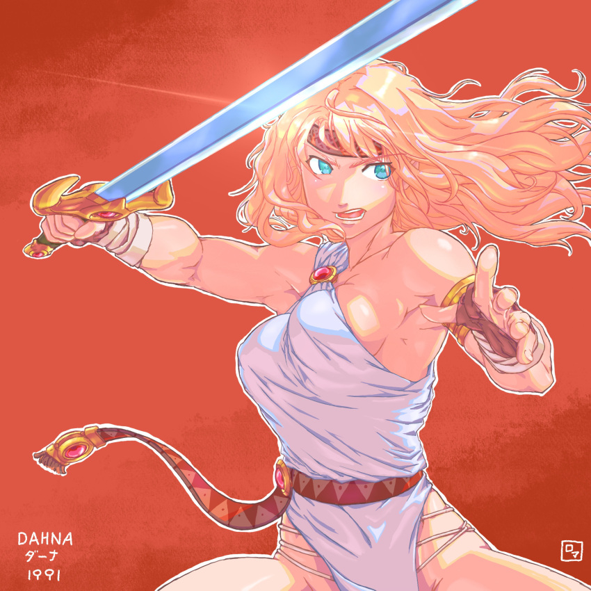 1girl armband blonde_hair blue_eyes breasts character_name dahna:_megami_tanjou dahna_(dahna:_megami_tanjou) fighting_stance fingerless_gloves gloves groin headband highres holding holding_sword holding_weapon medium_breasts red_background roma_no_fuhiga sideboob signature solo sword toga toned upper_body weapon