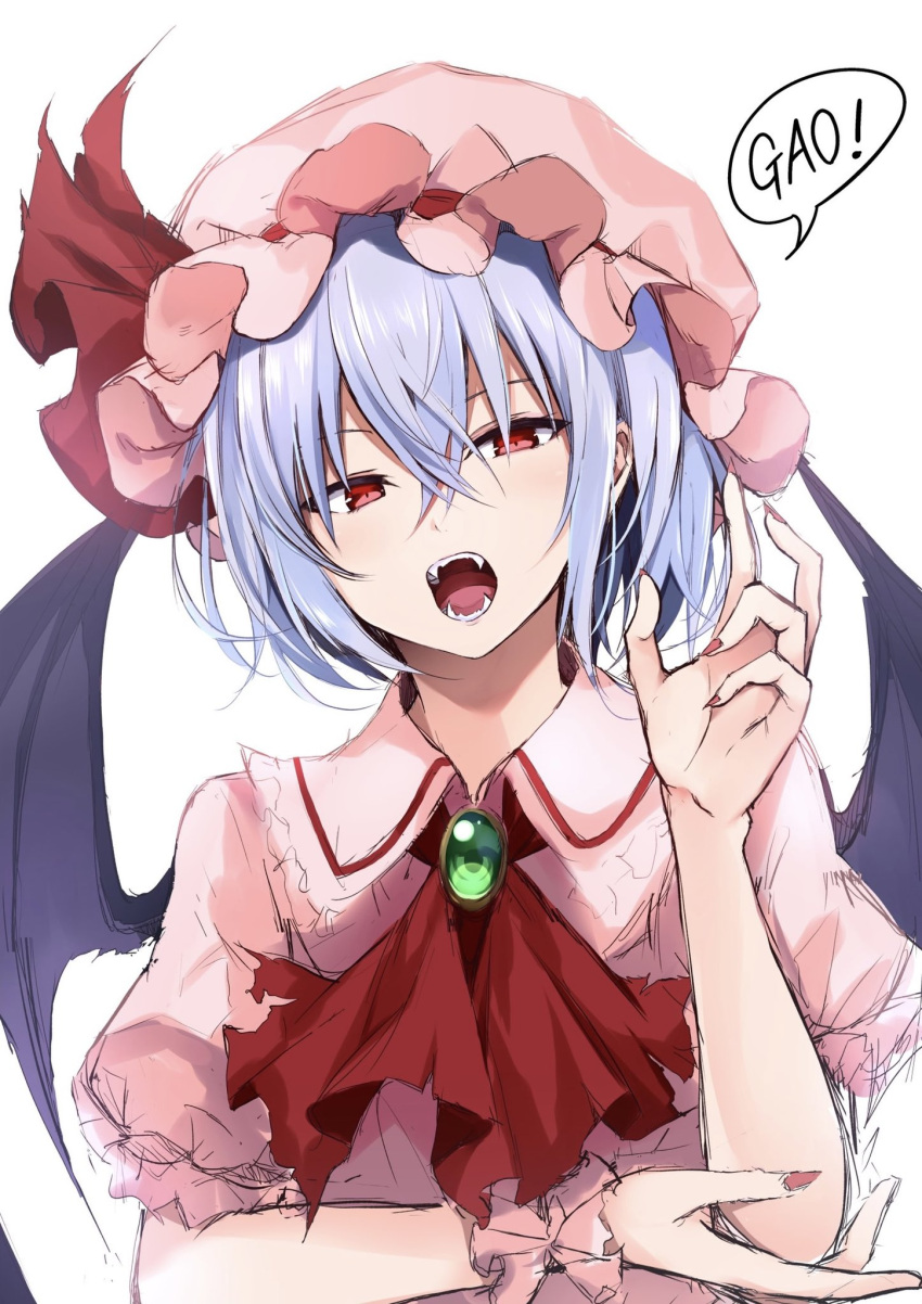 1girl bat_wings blue_hair commentary_request hair_between_eyes hat highres hyurasan looking_at_viewer mob_cap open_mouth pink_headwear red_eyes red_neckwear remilia_scarlet short_hair simple_background solo touhou upper_body white_background wings