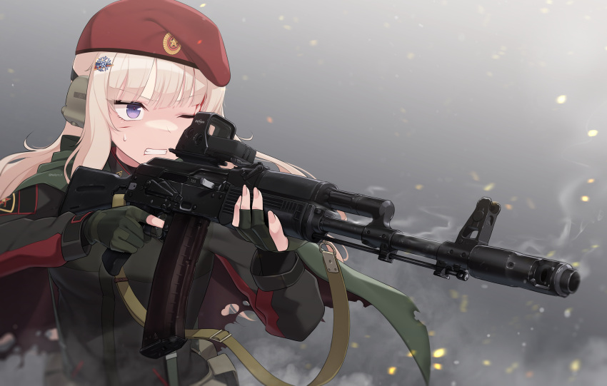 1girl absurdres ak74m_(girls'_frontline) bangs beret blood blue_eyes cape clenched_teeth cuts eyebrows_visible_through_hair fingerless_gloves girls_frontline gloves gun hair_ornament hat highres holding holding_gun holding_weapon injury light_brown_hair long_hair long_sleeves narynn one_eye_closed red_headwear snowflake_hair_ornament solo steam teeth torn_cape torn_clothes upper_body weapon