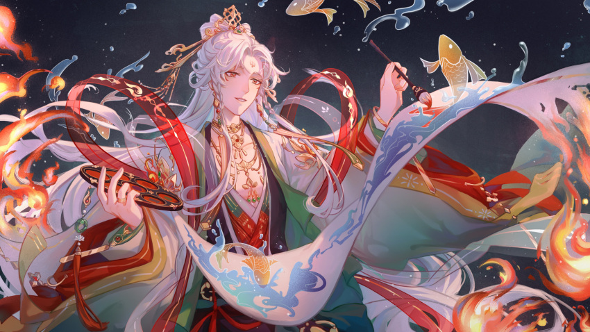 1boy arms_up bracelet braid brooch calligraphy_brush china_dress chinese_clothes collarbone drawing dress facial_mark fire floating_clothes floating_hair forehead_mark grey_hair hagoromo hair_ornament hanfu highres jade_(gemstone) jewelry light ljlqianxia long_hair long_sleeves looking_to_the_side necklace original paintbrush palette_(object) red_eyes shawl smile solo tassel transparent tray upper_body water white_hair