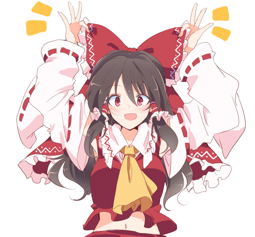 1girl arms_up ascot bangs blush bow brown_hair commentary_request cropped_torso detached_sleeves eyebrows_visible_through_hair frilled_shirt_collar frills hair_between_eyes hair_bow hair_tubes hakurei_reimu highres ichimura_kanata long_hair long_sleeves looking_at_viewer navel nontraditional_miko open_mouth red_bow red_eyes ribbon-trimmed_sleeves ribbon_trim simple_background solo touhou white_background wide_sleeves yellow_neckwear