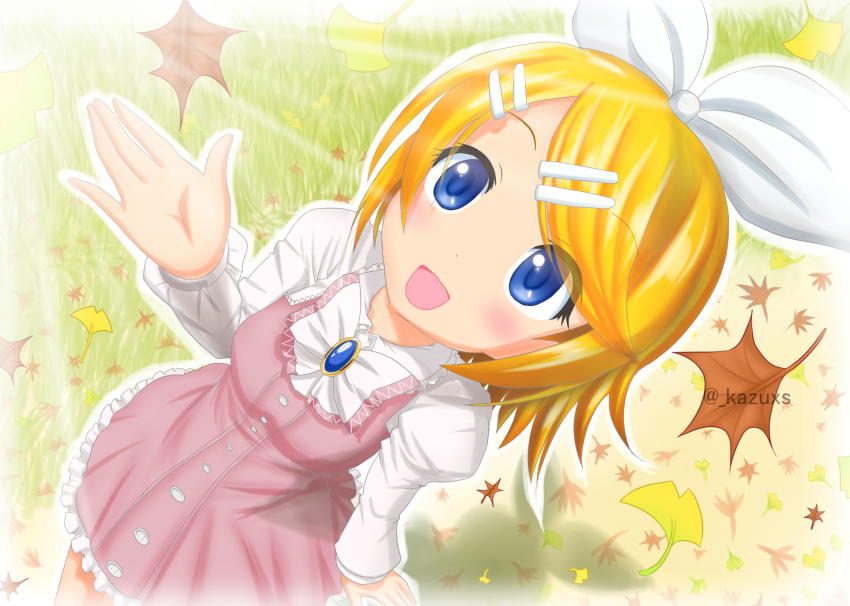 1girl autumn autumn_leaves bangs blonde_hair blue_eyes blush bow brooch commentary_request dress falling_leaves frilled_dress frills from_above ginkgo_leaf hair_bow hair_ornament hairclip hand_up highres jewelry kagamine_rin kazu-chan leaf long_sleeves looking_up open_mouth outdoors partial_commentary pink_dress puffy_long_sleeves puffy_sleeves shadow short_hair smile solo sunlight swept_bangs twitter_username vocaloid white_bow