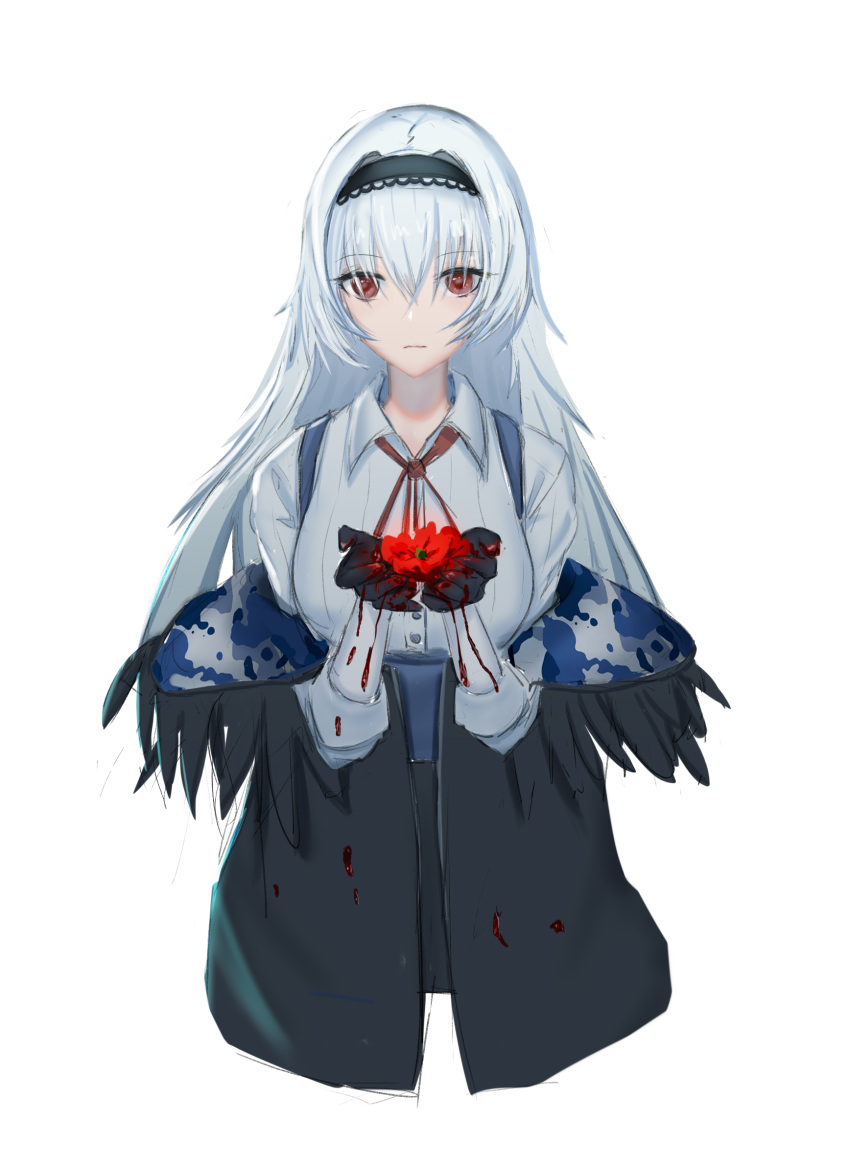 1girl anming black_hairband black_jacket black_skirt blood blood_on_clothes blood_on_hands breasts closed_mouth eyebrows_visible_through_hair flower girls_frontline hair_between_eyes hairband highres holding holding_flower jacket jacket_pull light_blue_hair long_hair looking_at_viewer medium_breasts neck_ribbon red_eyes red_ribbon ribbon shirt skirt solo suspender_skirt suspenders thunder_(girls'_frontline) white_background white_shirt